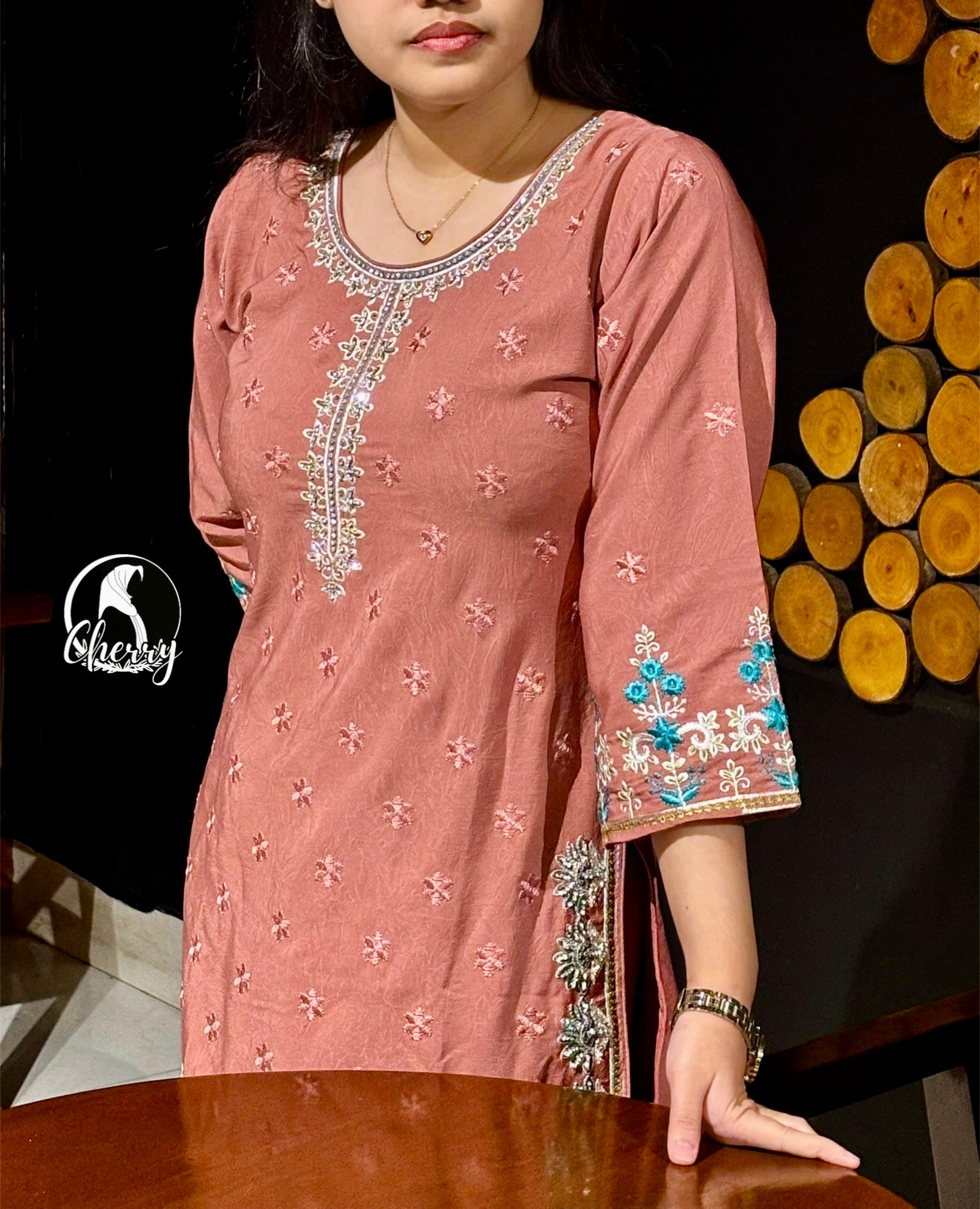 Pakistani Inspired Embroidered Dress - Peach