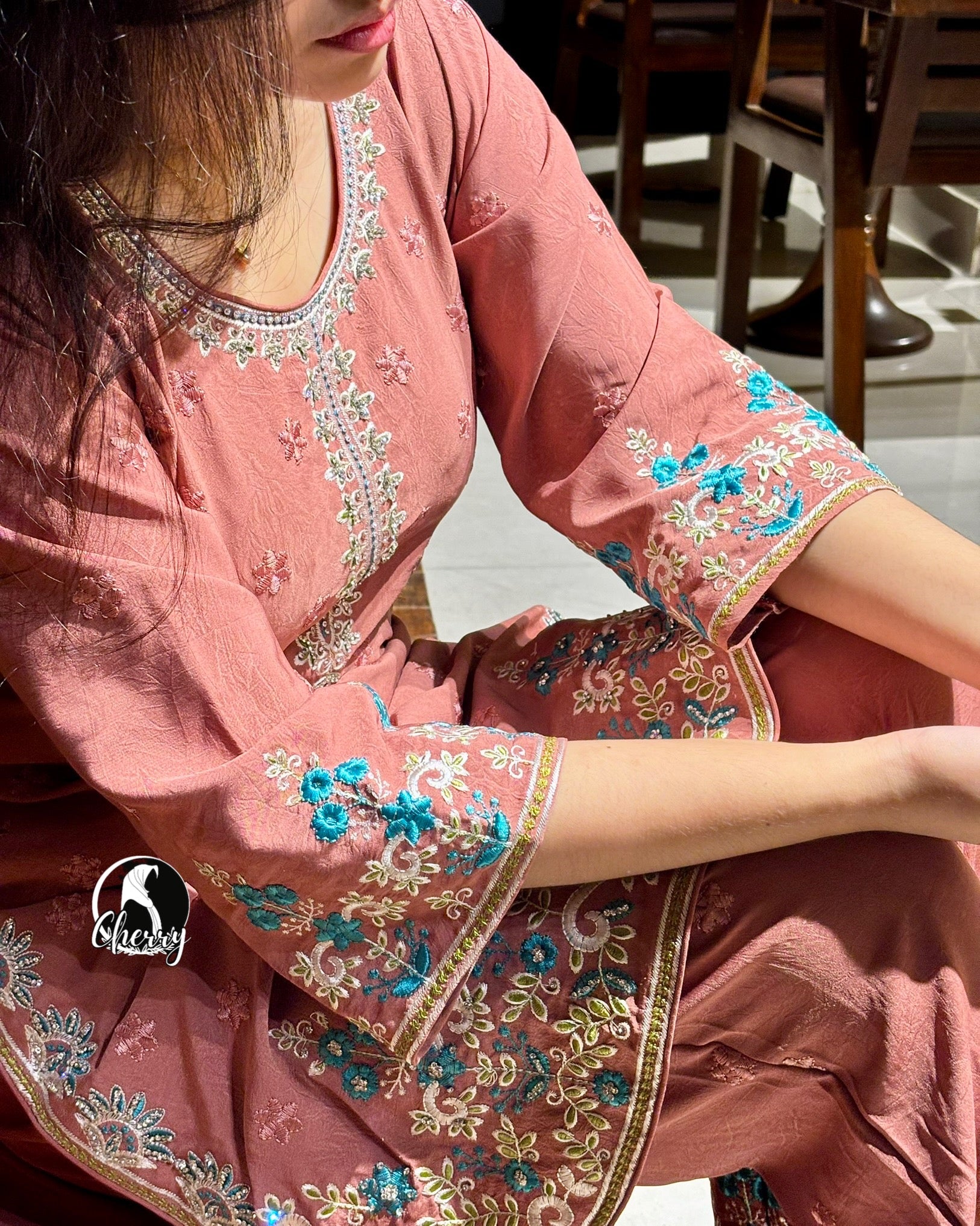 Pakistani Inspired Embroidered Dress - Peach